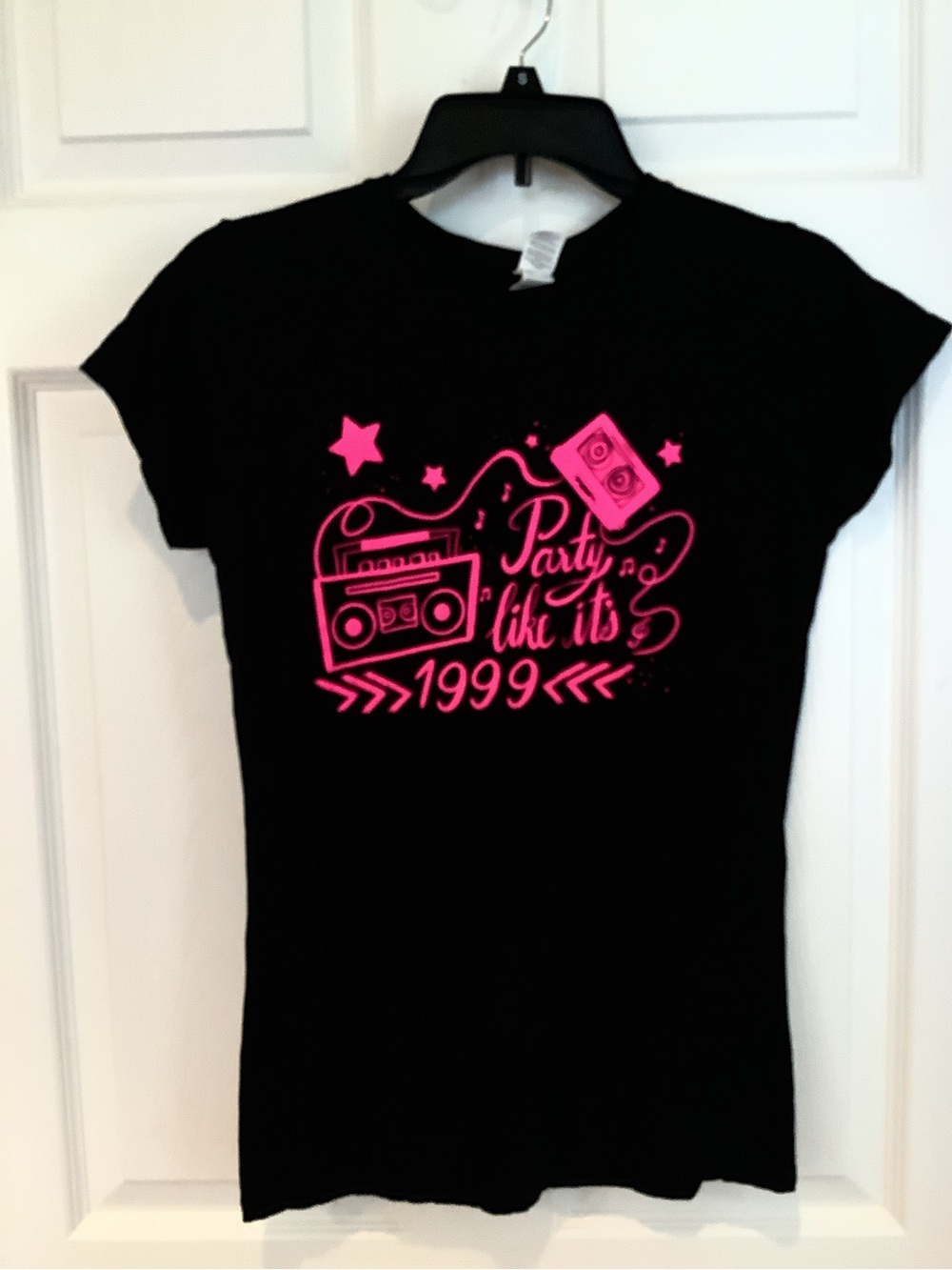 Junior/Women’s Black Short-Sleeve Tee with Hot Pink 'Party' Graphic